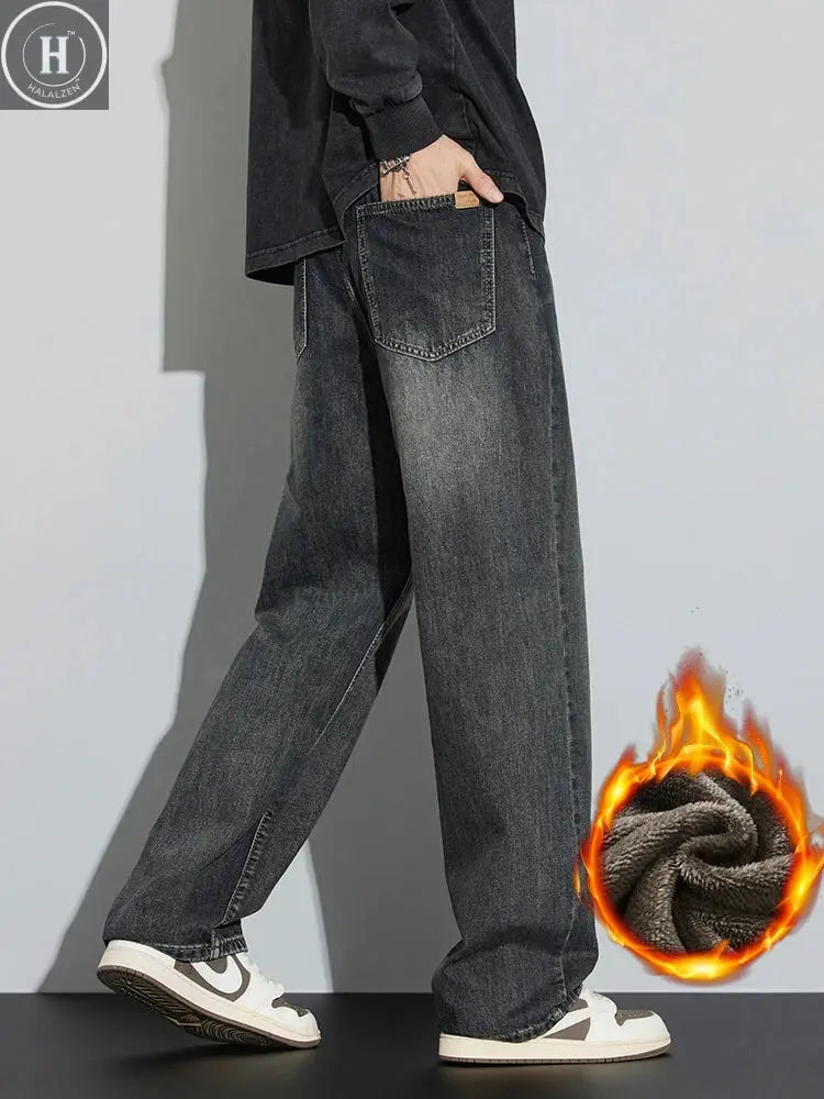 High Quality Winter Fleece Wide Legs Men's Jeans Warm Thickened Velvet Loose Straight Casual Denim Pants Korean Fashion Trousers HALALZEN