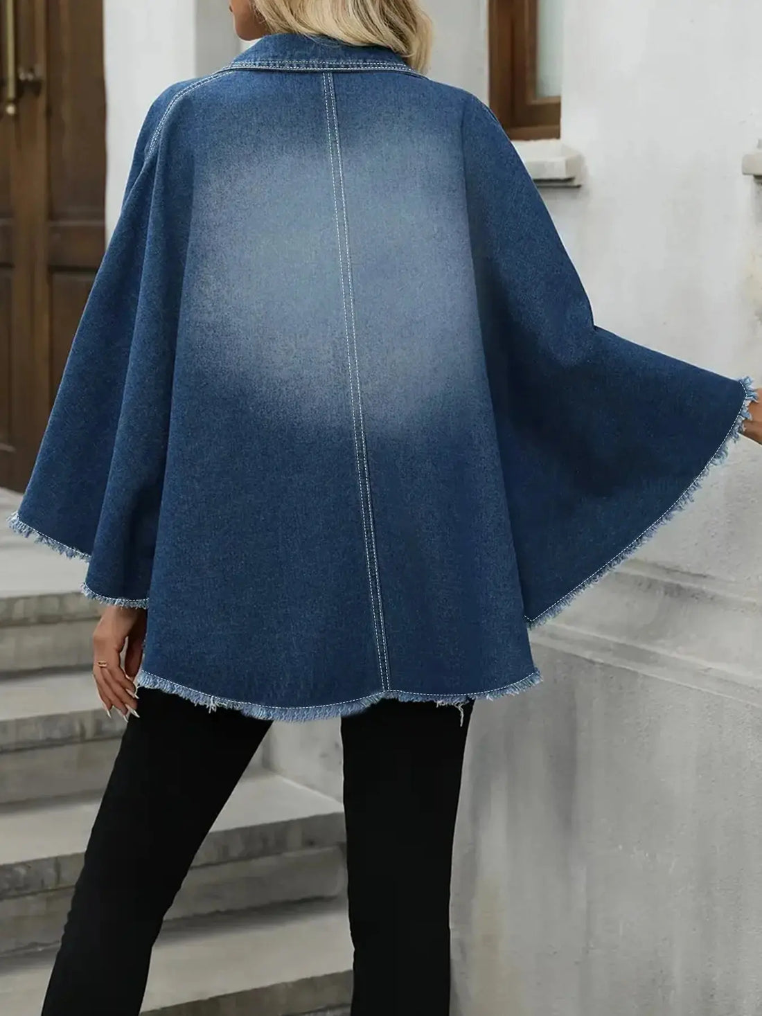 Plus Size Women's Denim Jacket Loose Fit with Frayed Hem And Cloak Design Casual Comfortable plus Size Women's Jeans Jacket Halalzen UK