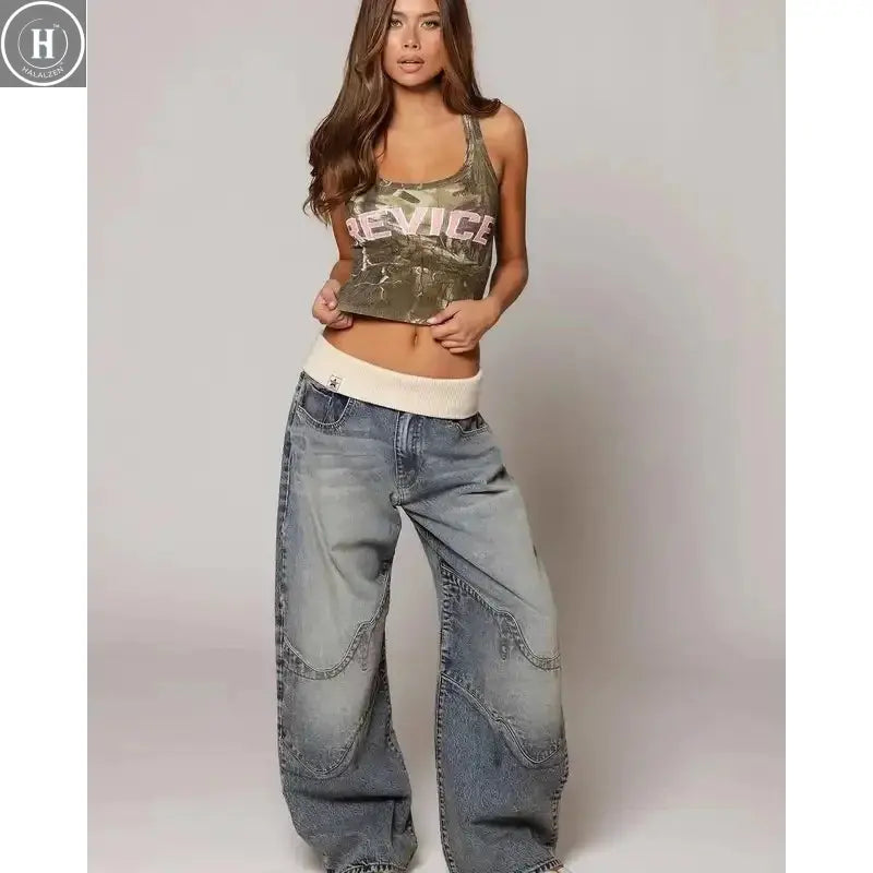 Y2K Hip-hop Stitching Fashion Joker Retro Jeans Female Korean Casual Simple Dress Essential Wide-leg Pants Loose  Joker Overalls Halalzen UK