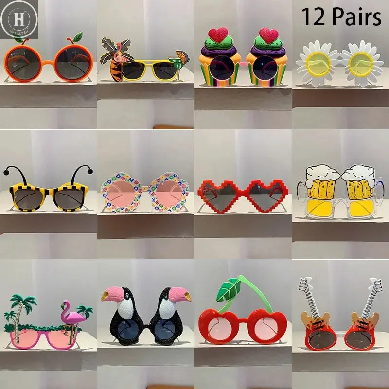 12 Pairs Per Set Cute Beach Sunglasses 2025 Men Funny Summer Vacation Decorative Shades Women Fashion Design Rave Sun Glasses HALALZEN