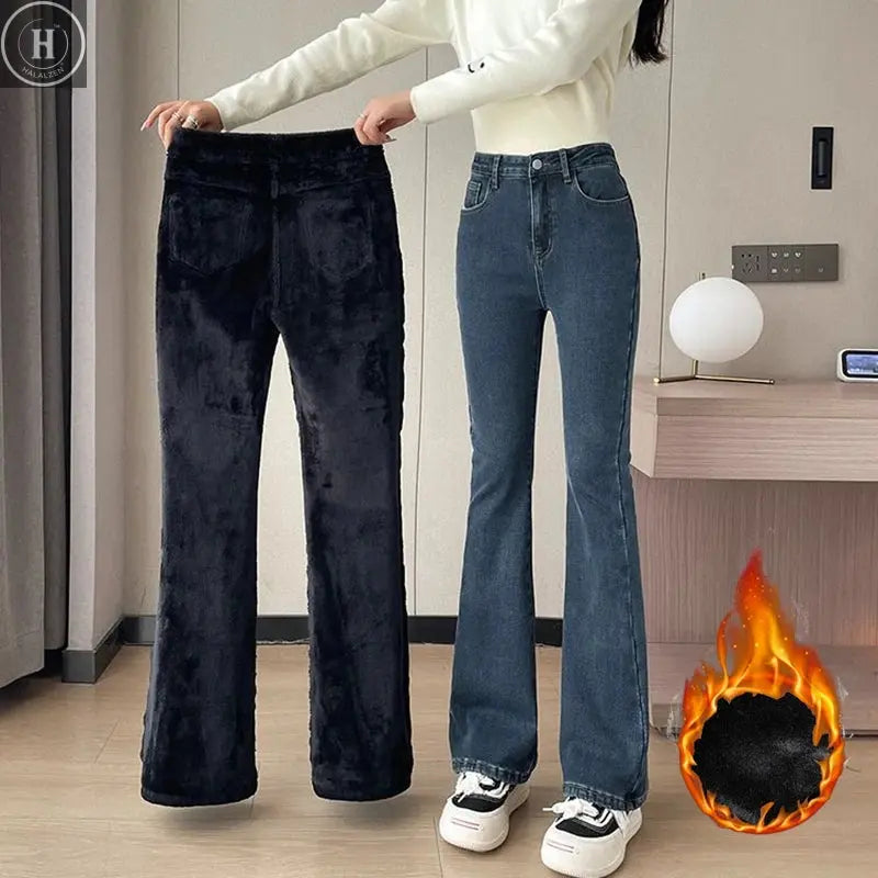 Winter Female Thin Snow Warm Plush Jeans Lady Chic Fleece Flared Pants Girls Korean High Waist Straight Leg Denim Trousers Halalzen UK