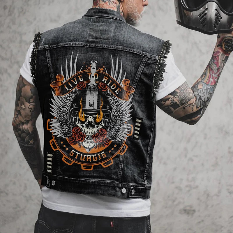 Rock Punk Style Skull Printed Denim Vest Jacket Men Vintage Ripped Buttoned Lapel Waistcoats Mens 2026 Spring Fall Jean Jackets