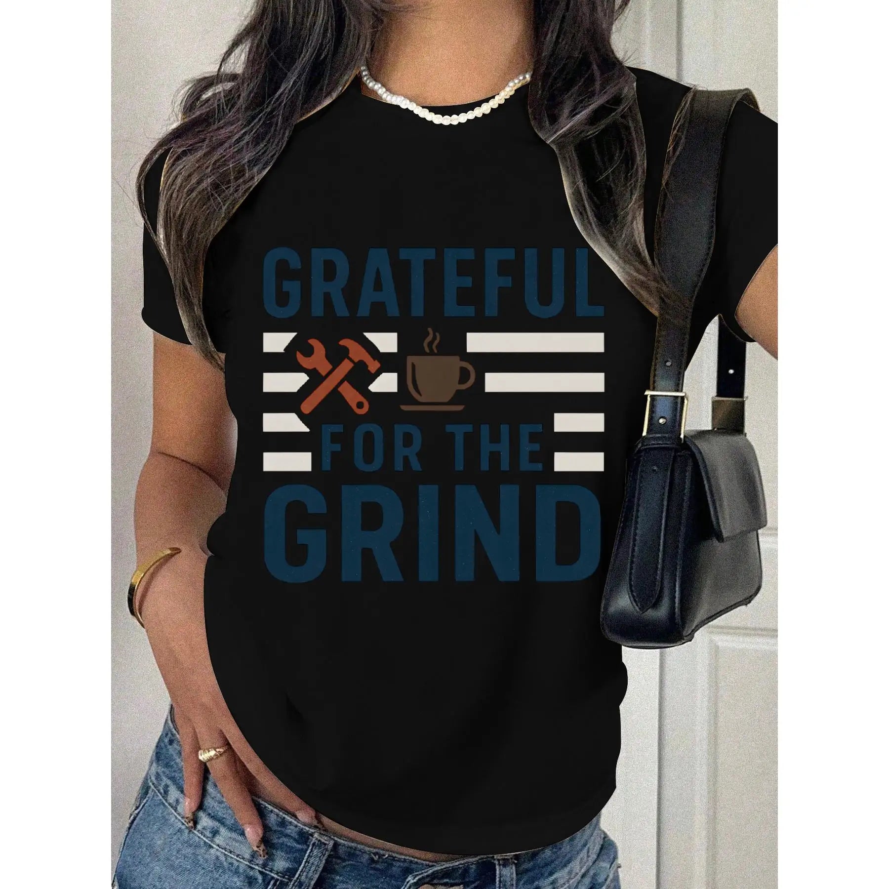 "Grateful For The Grind T-Shirt for Women | Funny Work Quote Graphic Tee | Motivational Hard Worker Gift"