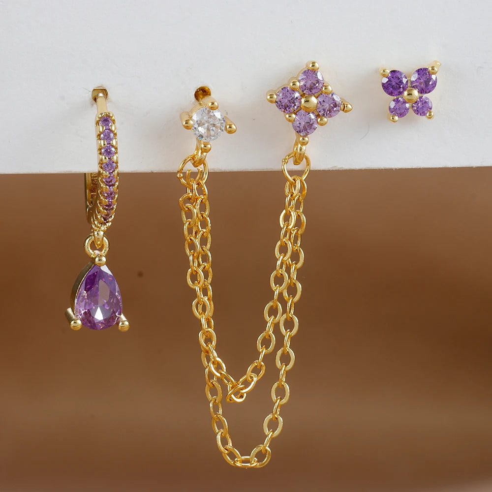 3PCS Set Stainless Steel Crystal CZ Butterfly Ear Stud Earring Gold Plated Pendant Water Drop Cartilage Earring Piercing Jewelry