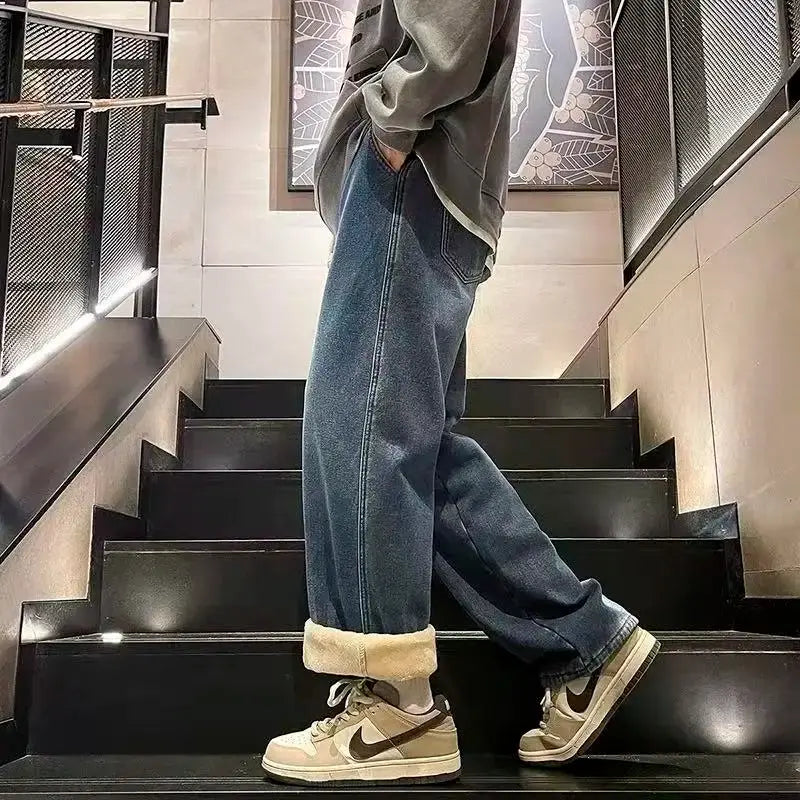 2026Men's Winter Fleece-Lined Jeans Thick Warm Brushed Denim Korean Style Straight Fit Insulated Trousers for Asians Sizes M-3XL Halalzen UK