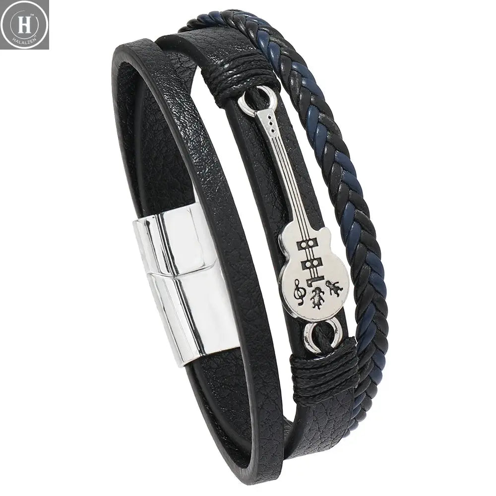 Hip-hop rock jewelry bracelets bangles fashion guitar PU leather bracelet for men HALALZEN