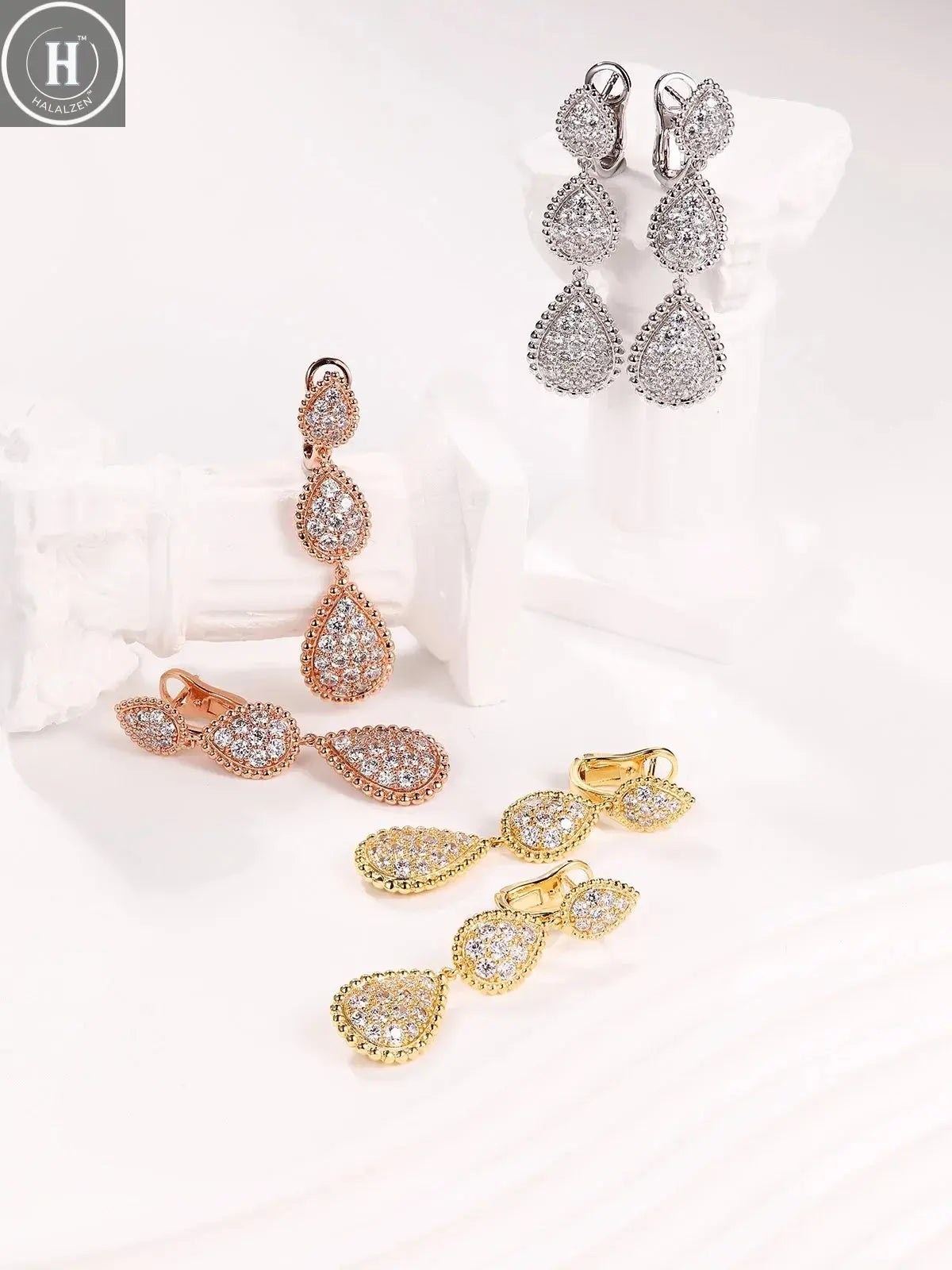 TYYL High Quality Classic 3 Water Drop Luxury Ear clip Drop Earrings Stud Party Wedding Long Earring Zircon Jewelry For Women HALALZEN