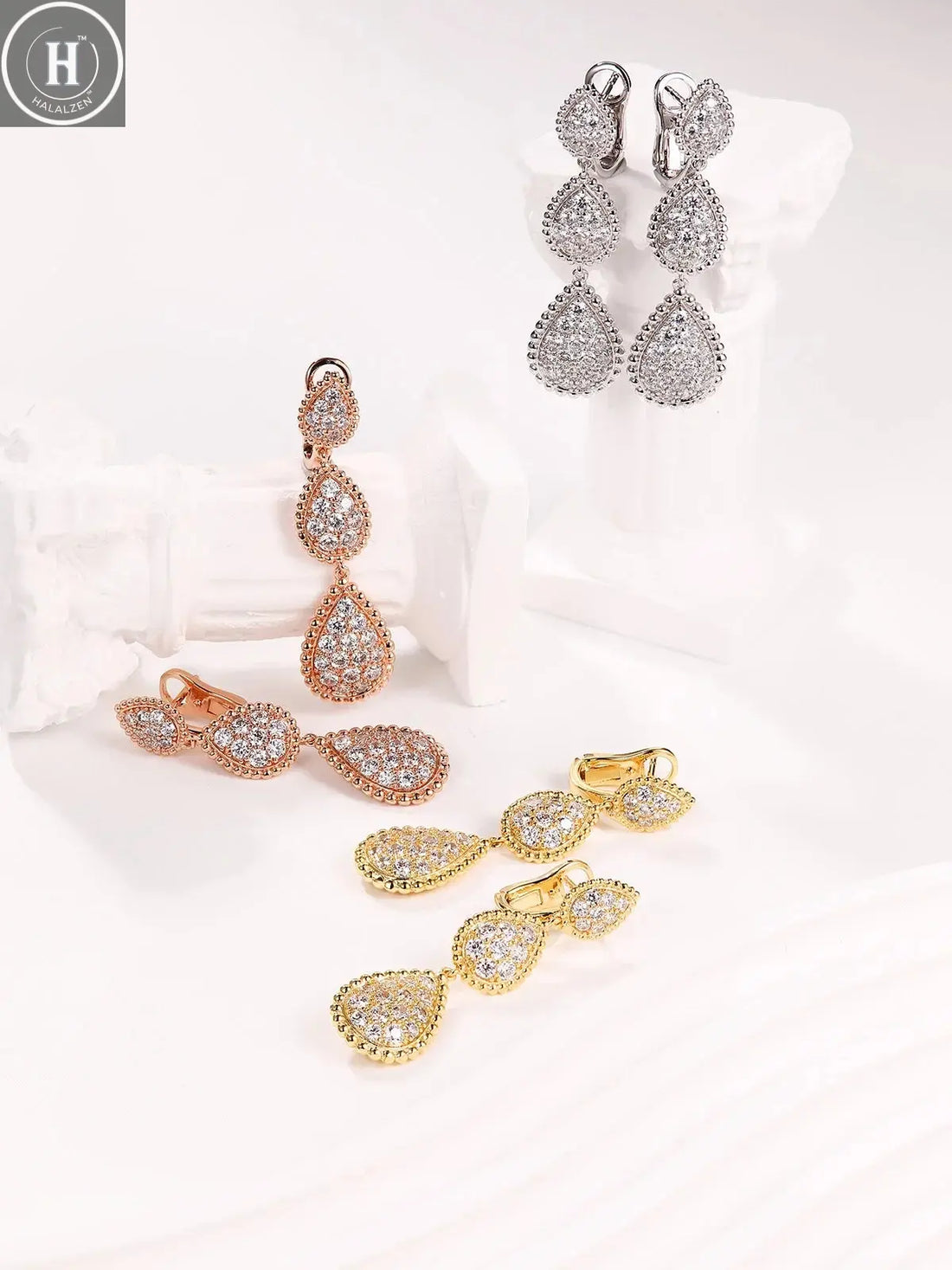 TYYL High Quality Classic 3 Water Drop Luxury Ear clip Drop Earrings Stud Party Wedding Long Earring Zircon Jewelry For Women HALALZEN