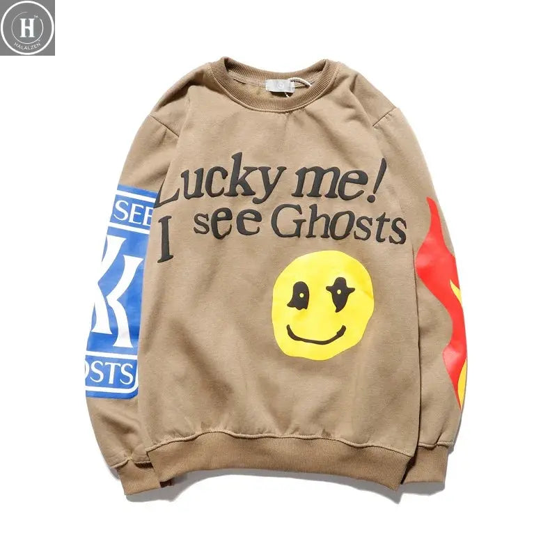 Kanye West Hoodies Jacket Men Graffiti Lucky Me I See Ghosts Sweatshirt Harajuku Fleece Street HipHop Pullover Bone Loose Hoodie HALALZEN