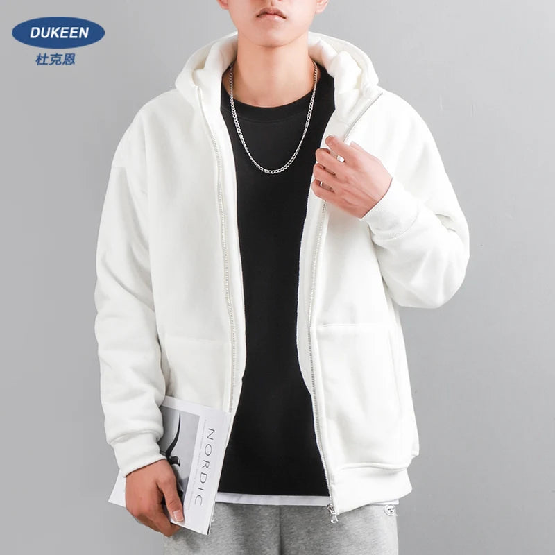 Dukeen Winter Hoodies for Men with Fleece Thicken Warm Zip-Up Hooded Shirt Casual Solid Color Woman Clothing White Black Coat