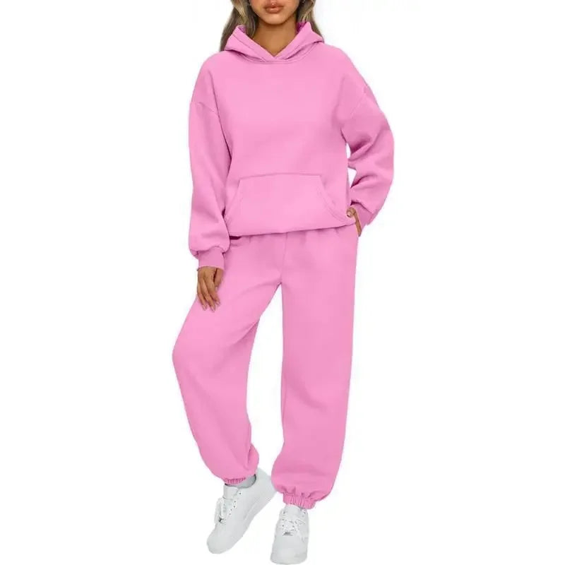Fashionable Pure Color Autumn Winter Women's Two-Piece Set Casual Hoodie Sportswear Long Pants Ensemble Polyester Fiber