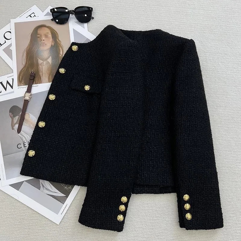 French Wool Tweed Coat Fashion High-end Gold Button Short Slim Temperament Spring and Autumn Korean Coats Women Jacket New