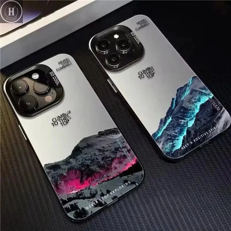 Snow Mountain Landscape Sunset Electroplate Silver Phone Case For iPhone 16 Pro 17 11 12 13 14 15 Pro Max Air 16E Back Cover Halalzen UK