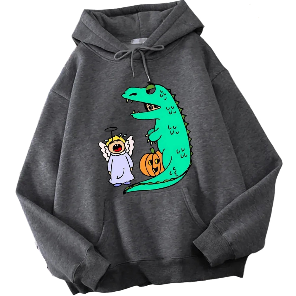 Winter Unisex Sweatshirts Y2K Crying Angel & Dinosaur Graphic Hoodies Streetwear Well Made Chic Sweater Casual Loose Fit Clothing