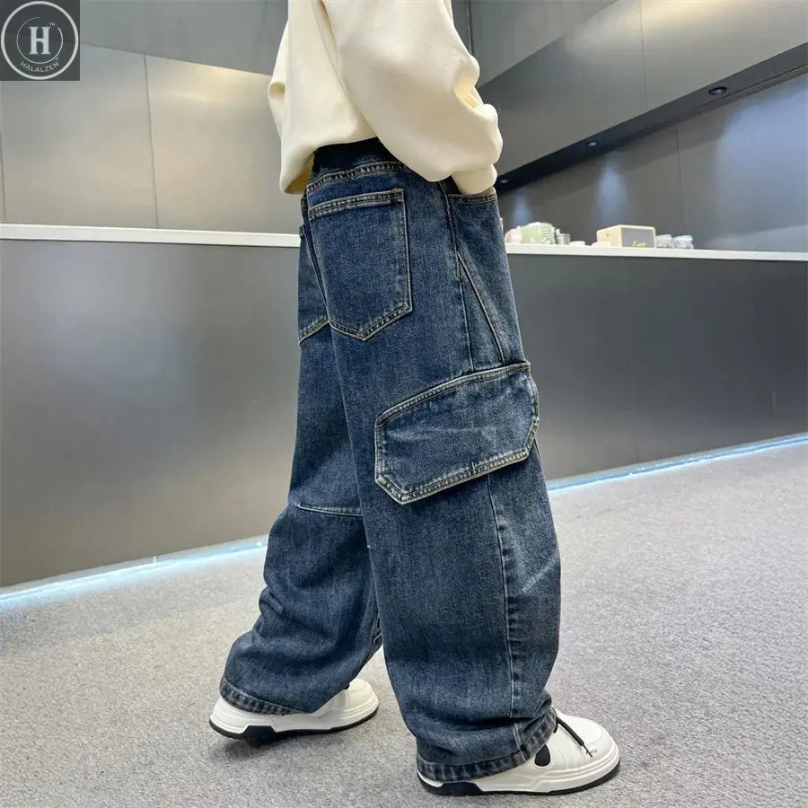 Elegant Children Boy Warm Thermal Cargo Jeans With Pocket Winter Trousers with Fleece Lined Thick Insulated Denim Pants 5-14 Y HALALZEN