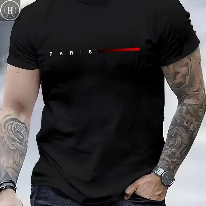 Men's 100% Cotton Summer Loose PARIS Creative Letter Print Casual Slim Fit Round Neck Short Sleeved T-shirt Top HALALZEN