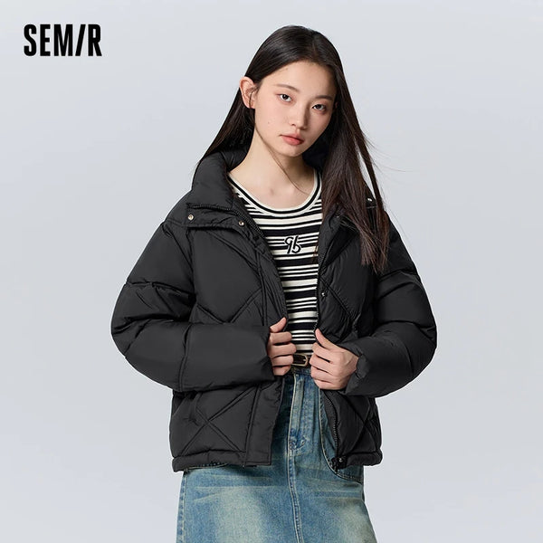 Semir Cotton Clothing Women Loose Stand Collar Simple Casual Temperament Winter Gentle Waterproof Rhombus Versatile Thick Coat