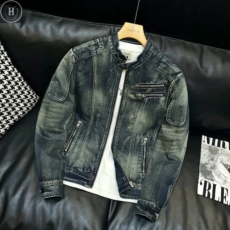 Autumn and Spring New Fashion Trend Vintage American Motorcycle Denim Jacket Men's Loose Sports Plus Size High Quality Outerwear HALALZEN