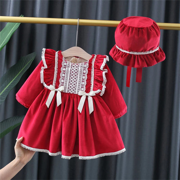 2Piece Winter Baby Dresses Newborn Girls Clothes Cute Fleece Warm Long Sleeve Red Princess Toddler Dress+Hat Kids Clothing BC619