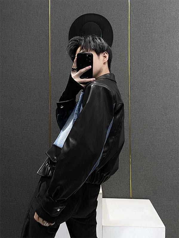 Retro Patchwork Leather Denim Jaet Men's Spring Autumn ort Sle Casual Top Korean Trend Brand Straight Hemline Zipper