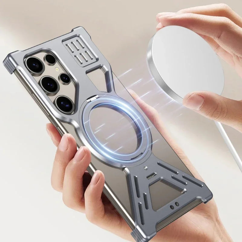 for Samsung Galaxy S25 S22 S23 S24 Ultra Aluminum Alloy Magnetic Anti-Fall Phone Case Metal Heat Dissipation Cover with Stand