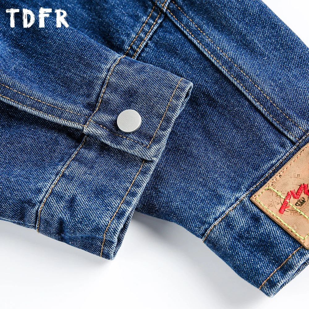 Zipper Decoration Denim Jacket Mens Spliced Retro Washed Distressed Stand Collar Long Sleeve Loose Jeans Jacket Man