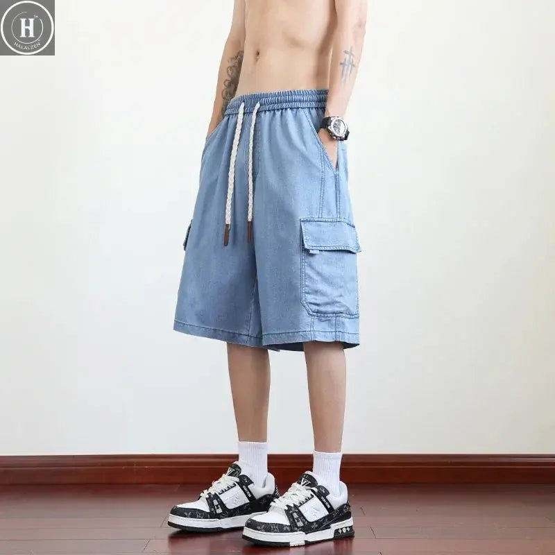 Spring Lyocell Fabric Washing Jean Thin Men Street Cowboy Shorts Neutral Pocket Big Loose Cropped Pants Casual Fashion Size 8xl Halalzen UK