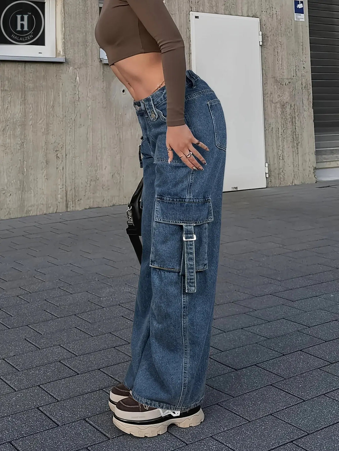 Women's Trendy Cargo Jeans Casual Street Style Zip Multi-Pocket Design With Flap Pockets Tape Elastic Waist Denim Pants Halalzen UK