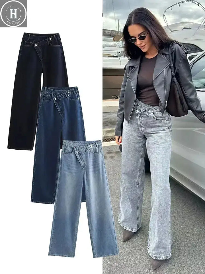 HH Women's Street Fashion Wide-leg Jeans Double-clad Pants With Pockets High Waist Solid Asymmetric Retro Straight Trousers Halalzen UK