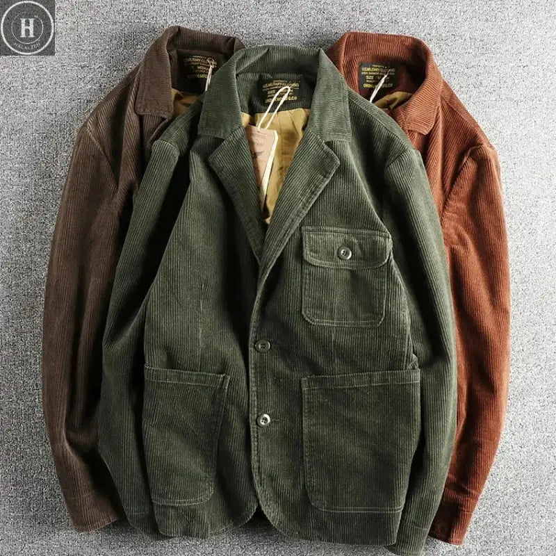 Heavy May Khaki vintage washed cotton corduroy casual suit men's fashion loose jacket single suit HALALZEN