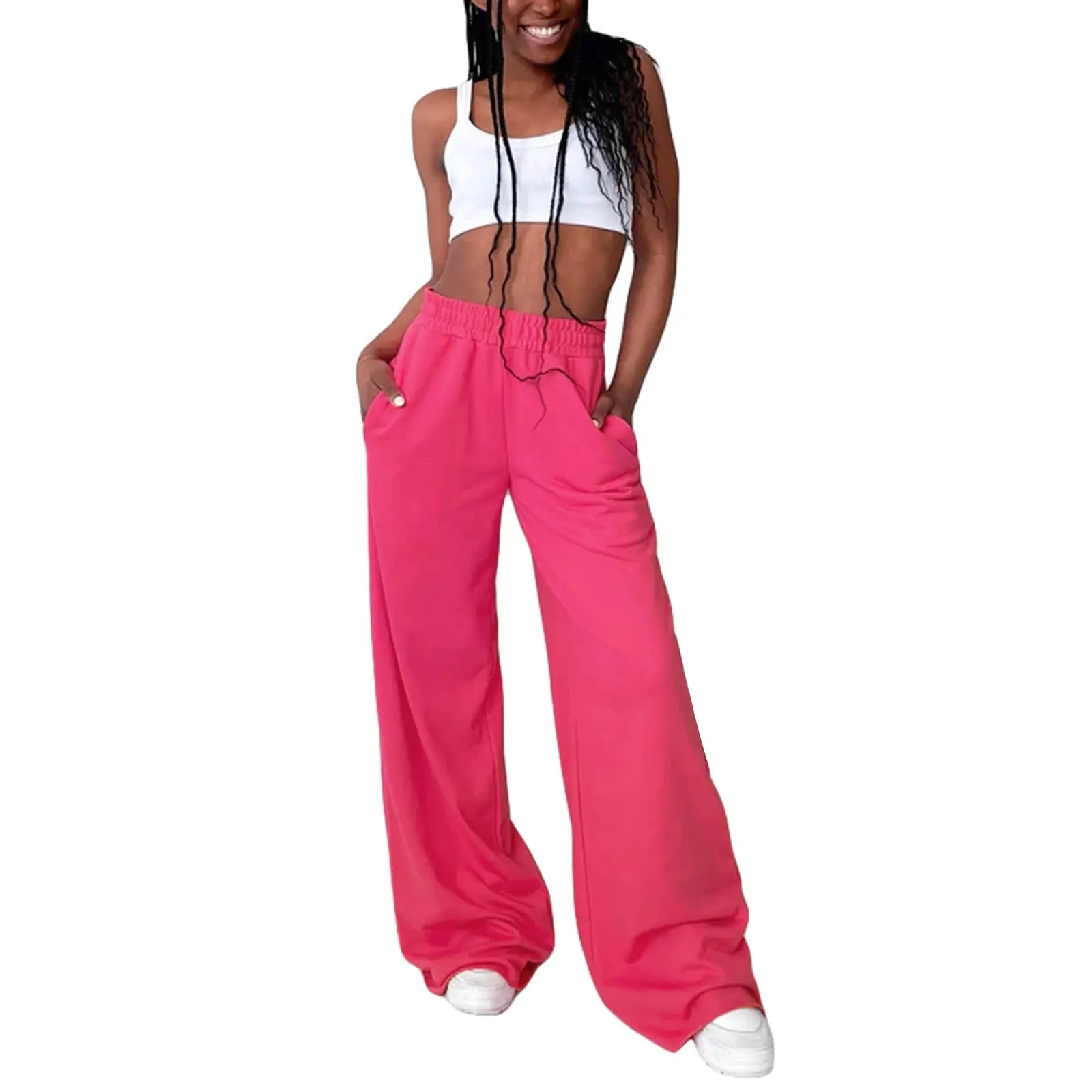 Women s High Waist Wide-Leg Pants in Solid Color Elastic Waistband Loose Fit Casual Fall Sweatpants with Straight Bottoms Halalzen UK
