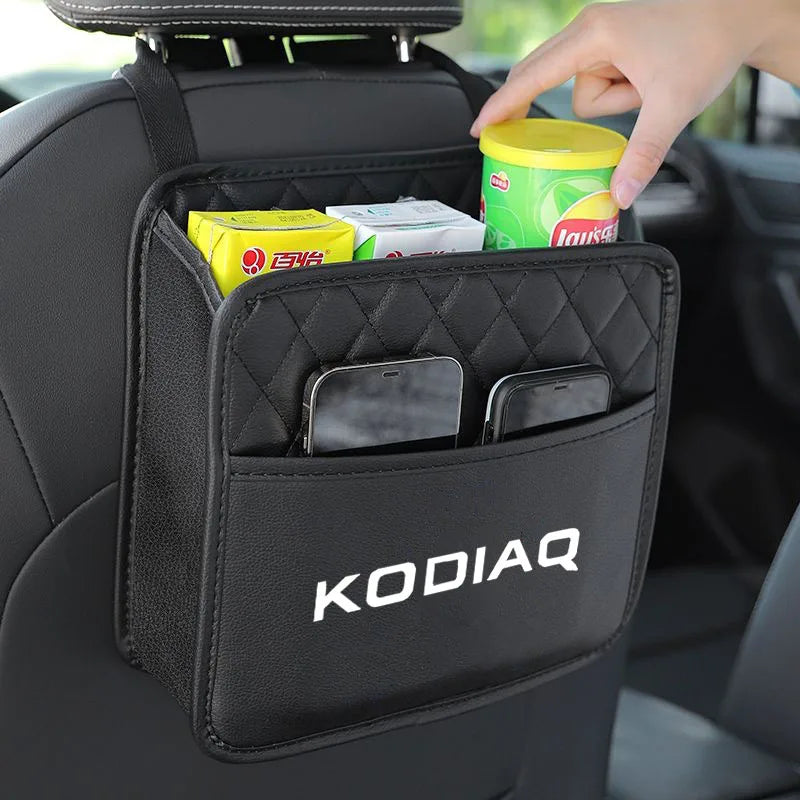 Car Seat Storage Bag PU Leather Box Storage Bag Phone Tissue Drink Purse Holder Stowing Tidying For Skoda Kodiaq Car Accessorie