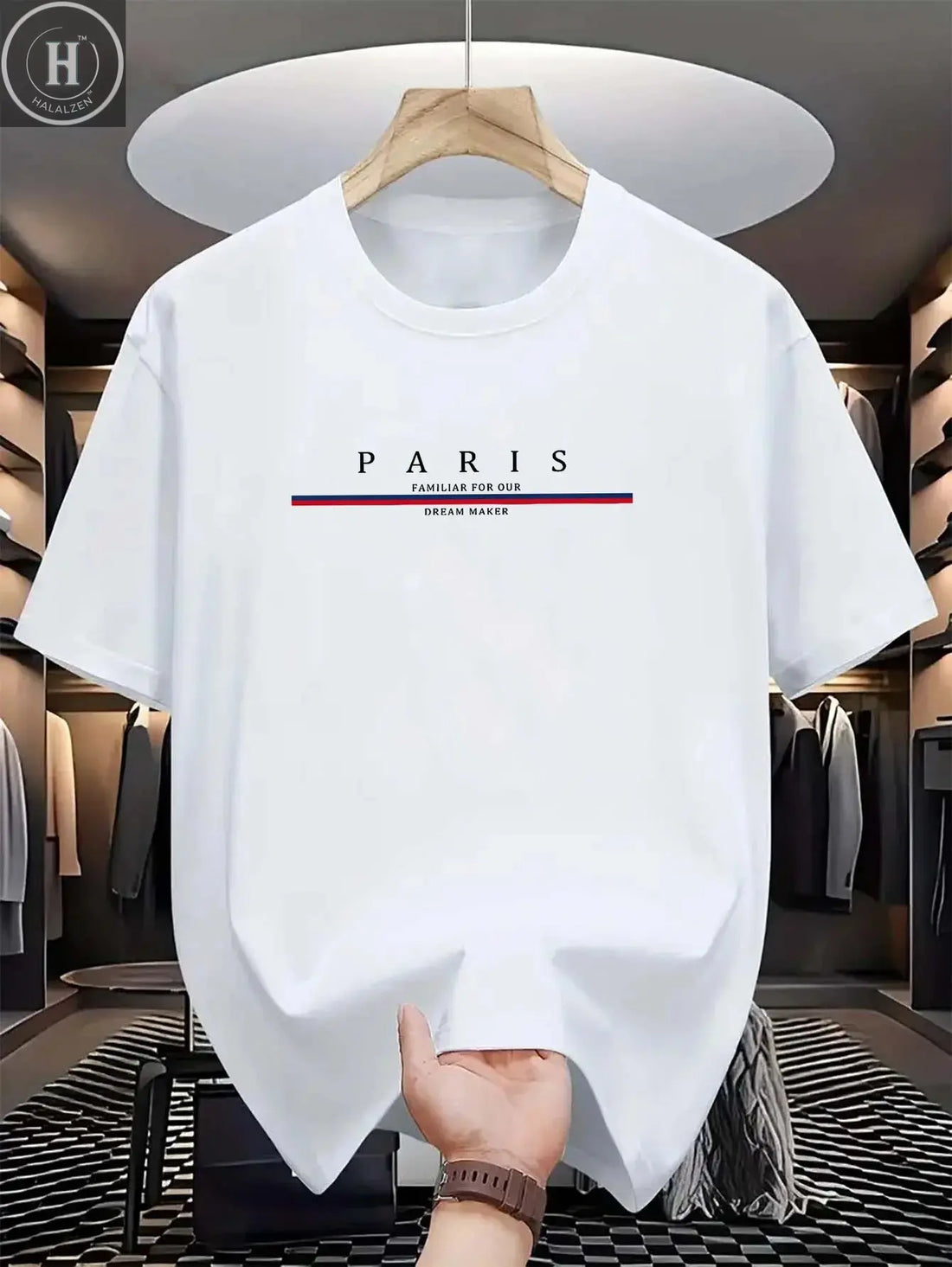 Men's 100% pure cotton summer casual loose fashion Paris letter printed comfortable round neck short sleeved T-shirt top HALALZEN