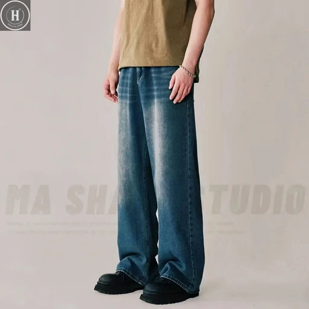 Spring Autumn Men's New Denim Pants Old Blue Washed Casual Jeans Menwear Loose New Fashion contrasting color Wide Leg Trousers HALALZEN