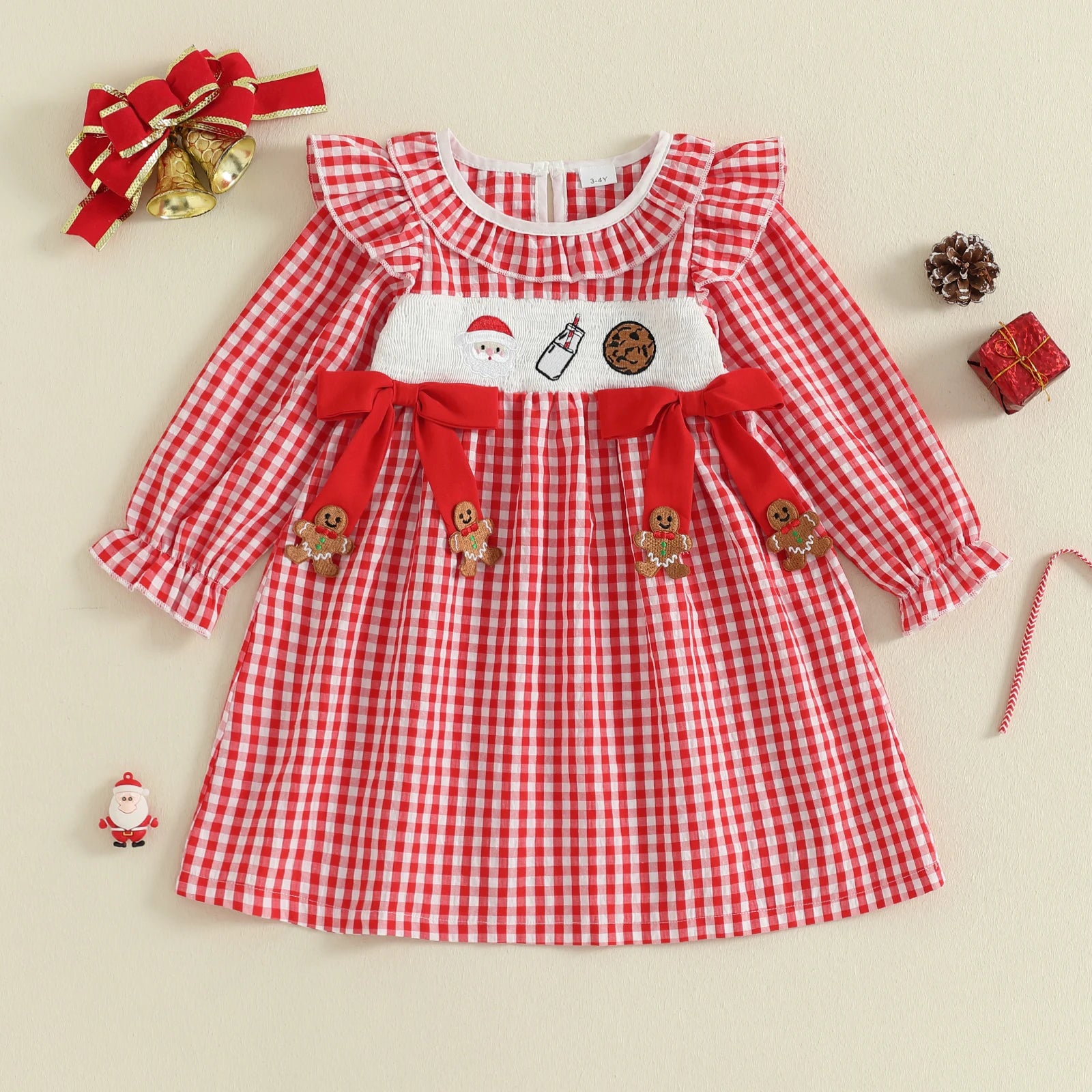 Girls Christmas Dress Long Sleeve Crew Neck Plaid Embroidery Santa Claus Winter Dress with Bow Detail