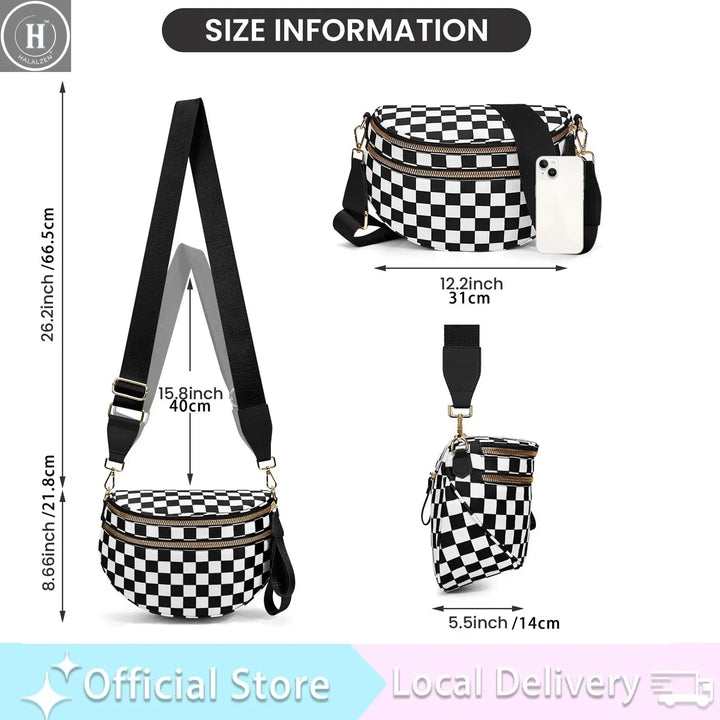Spacious Black and White Checkered Nylon Bum Bag Plus Size Friendly Fanny Pack Iris Designfor Essentials for Christmas Gift HALALZEN