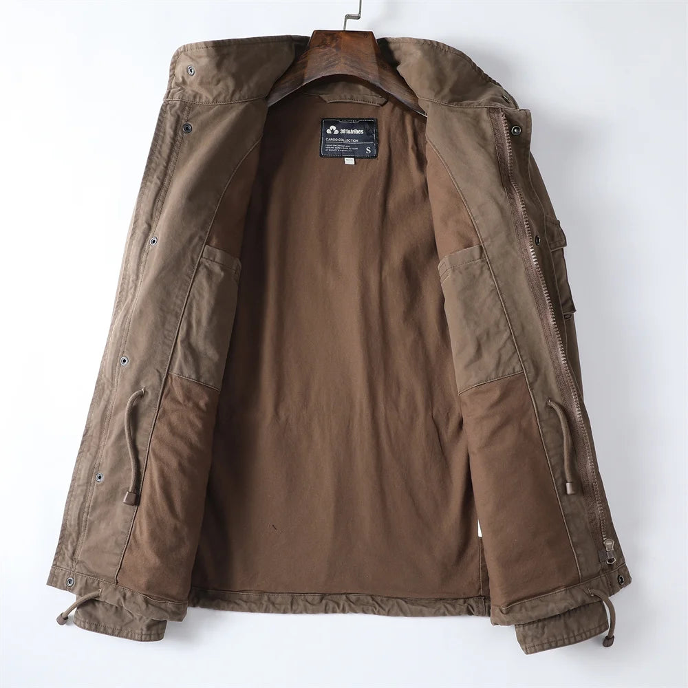 American Retro Style Men's Spring Casual Jackets Heavyweight Cotton Multi-Pockets Loose Cargo Jacket Fashion Outerwear