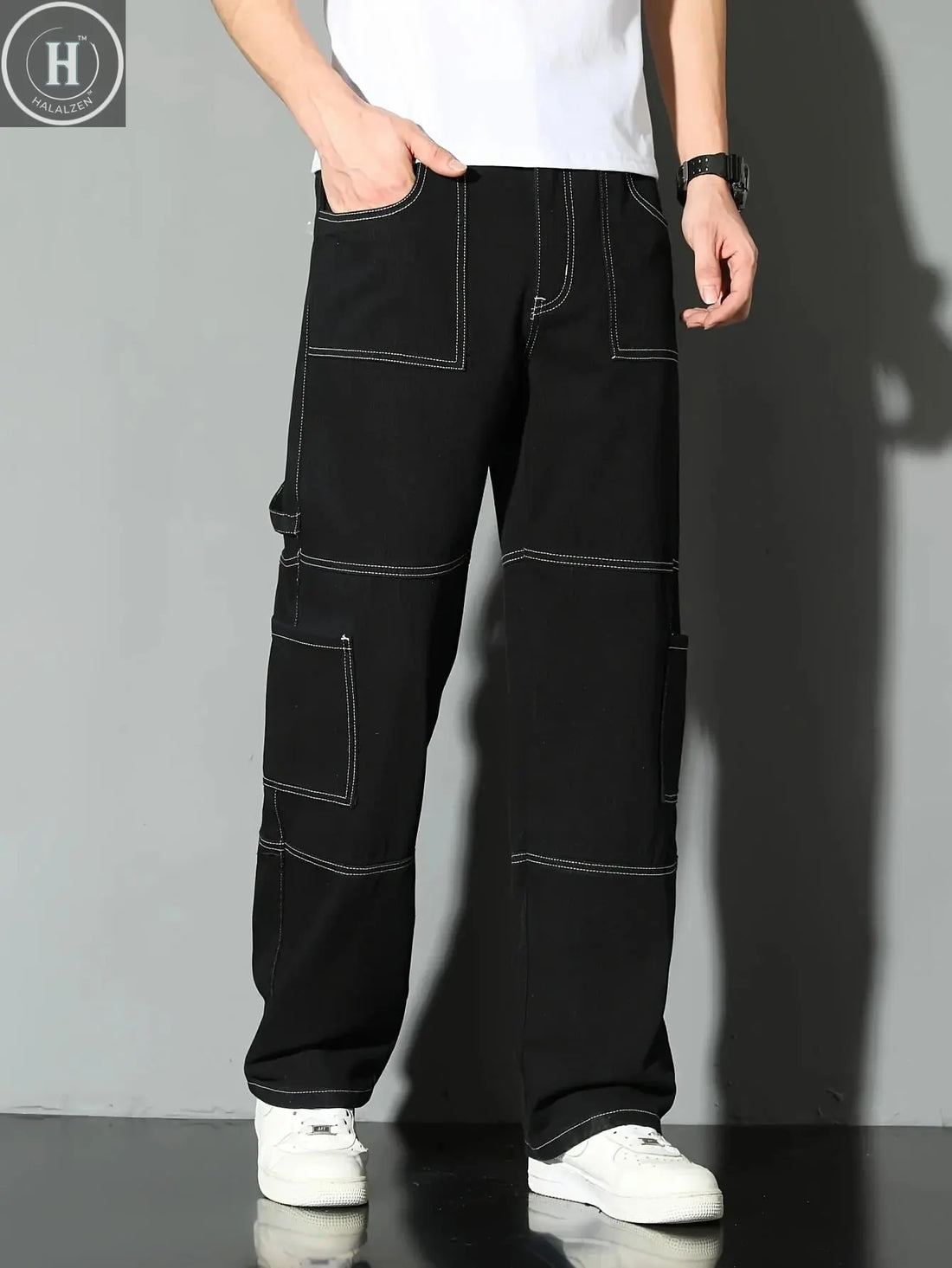 Men's fashion workwear jeans, denim trousers, loose straight-leg pants, all-season style, washed with multiple pockets Halalzen UK
