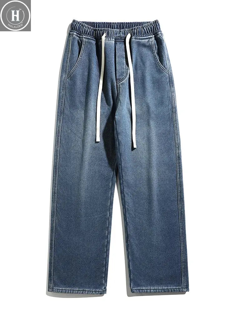 Winter Men's Jeans Korean Fashion Fleece Liner Thick Warm Straight Denim Pants Washed Cotton Retro Blue Wide Leg Jean Trousers HALALZEN