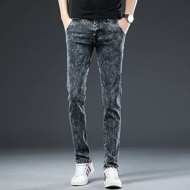 2024 Classic Korean Fashion Street Trendy Men Skinny Retro Snowflake Design Slim Fit Denim Pants New Elastic Cotton Men Jeans