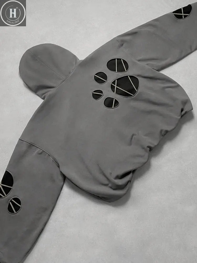 Harajuku Hoodie Men Streetwear American Loose Fit Pullover Sweatshirt Distressed Hole Design Retro Hip Hop Style Autumn Winter HALALZEN