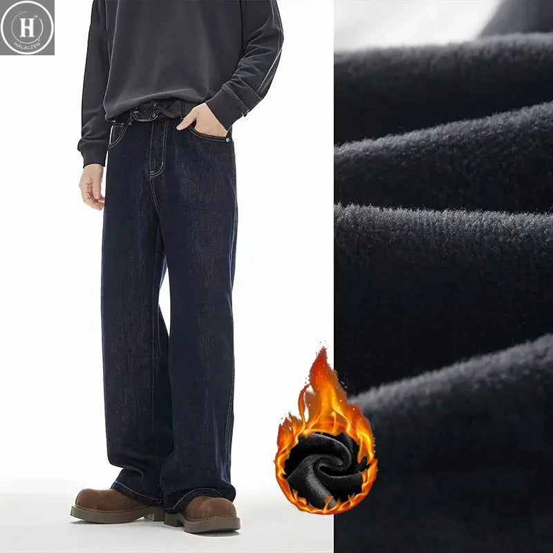 Ins American Style Baggy Straight Leg Thickened Warm Jeans Male New Autumn Winter Full Length Wide Leg Dark Blue Long Trousers HALALZEN