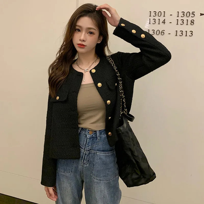 French Wool Tweed Coat Fashion High-end Gold Button Short Slim Temperament Spring and Autumn Korean Coats Women Jacket New