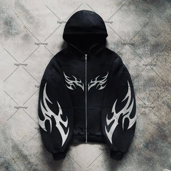 Street Hiphop Personalized Print Punk Loose Casual Zipper Hoodie Men Retro Harajuku Y2K Fashion Versatile Oversized Zip-up Women