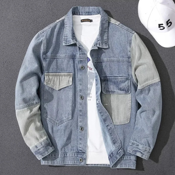 Korean Style Denim Patchwork Outerwear Mens Collared Jacket Casual Minimalist Fashion Trendy Spring Autumn New Style Jacket