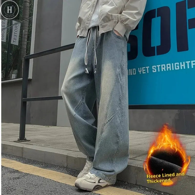 New Men's Fleece-Lined Wide-Leg Jeans Winter Vintage Washed Elastic Drawstring Waist Denim Trousers Men 8XL Loose Fit Jean Pants HALALZEN