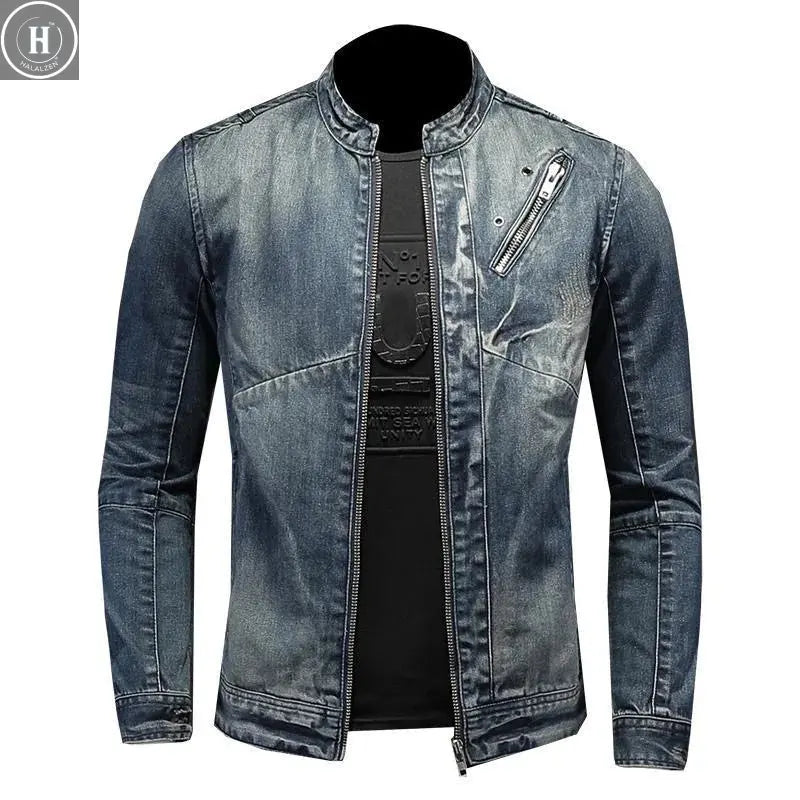 Autumn and Spring Style Trendy American Vintage Straight Leg Motorcycle Denim Jacket Men's Loose Sports Plus Size High-End Outer HALALZEN