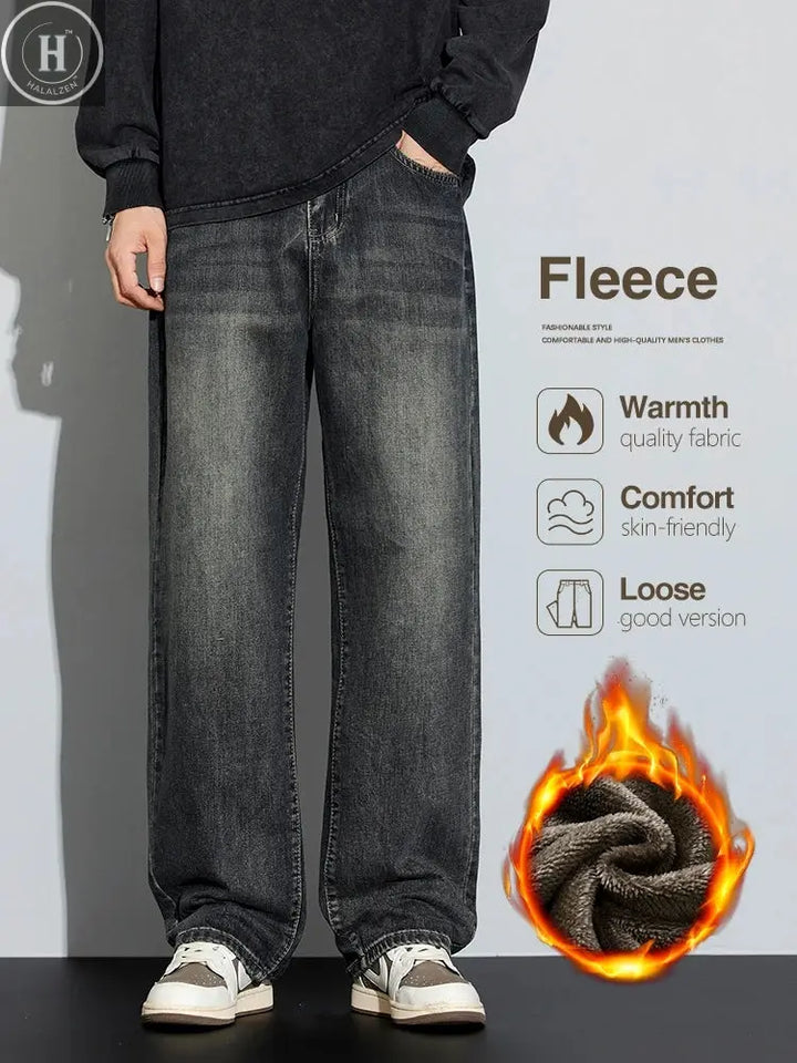 High Quality Winter Fleece Wide Legs Men's Jeans Warm Thickened Velvet Loose Straight Casual Denim Pants Korean Fashion Trousers HALALZEN