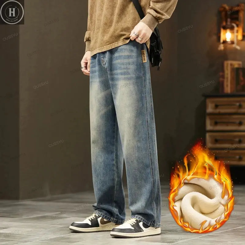 High Quality Winter Fleece Warm Jeans Men Cotton Loose Wide Leg Pants Korean INS Y2K Harajuku Velvet Flocking Outdoors Trousers HALALZEN