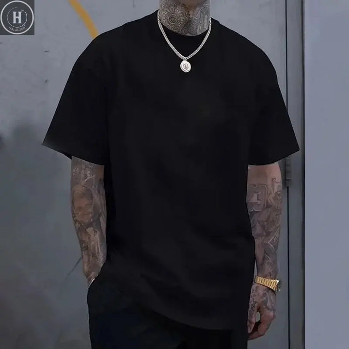 Cotton Hot Sales Mens T-shirt Solid Color Casual Quality Short Sleeve Outdoor Sports Jogging T-shirt Soft Loose Black White Tees HALALZEN